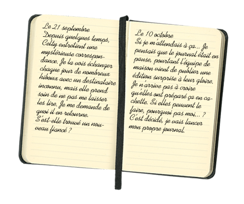 Le 21 septembre : Depuis quelques temps, Celty entretient une mystérieuse correspondance. Je la vois échanger chaque jour de nombreux hiboux avec un destinataire inconnu, mais elle prend soin de ne pas me laisser les lire. Je me demande de quoi il en retourne. S'est-elle trouvé un nouveau fiancé ?
Le 10 octobre : Si je m'attendais à ça... Je pensais que le journal était en pause, pourtant l'équipe de maison vient de publier une édition surprise à leur gloire. Je n'arrive pas à croire qu'elles ont préparé ça en cachette. Si elles peuvent le faire, pourquoi pas moi... ? C'est décidé, je vais lancer mon propre journal.