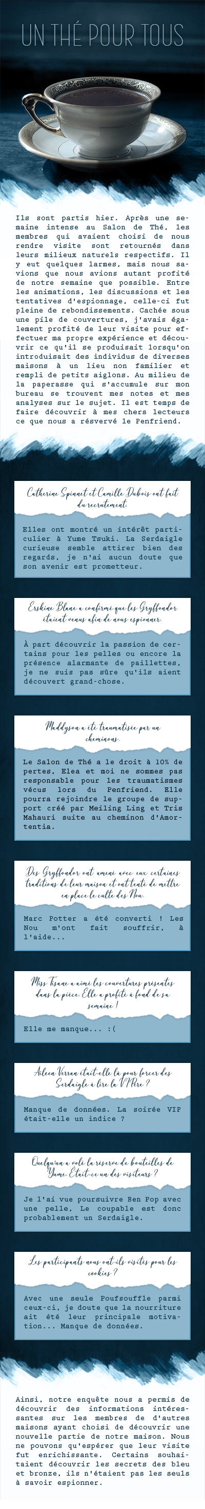 Ils sont partis hier. Après une semaine intense au Salon de Thé, les membres qui avaient choisi de nous rendre visite sont retournés dans leurs milieux naturels respectifs. Il y eut quelques larmes, mais nous savions que nous avions autant profité de notre semaine que possible. Entre les animations, les discussions et les tentatives d'espionnage, celle-ci fut pleine de rebondissements. Cachée sous une pile de couvertures, j'avais également profité de leur visite pour effectuer ma propre expérience et découvrir ce qu'il se produisait lorsqu'on introduisait des individus de diverses maisons à un lieu non familier et rempli de petits aiglons. Au milieu de la paperasse qui s'accumule sur mon bureau se trouvent mes notes et mes analyses sur le sujet. Il est temps de faire découvrir à mes chers lecteurs ce que nous a réservé le Penfriend.

Catherine Spinnet et Camille Dubois ont fait du recrutement.
Elles ont montré un intérêt particulier à Yume Tsuki. La Serdaigle curieuse semble attirer bien des regards, je n'ai aucun doute que son avenir est prometteur.

Erskine Blane a confirmé que les Gryffondor étaient venus afin de nous espionner.
À part découvrir la passion de certains pour les pelles ou encore la présence alarmante de paillettes, je ne suis pas sûre qu'ils aient trouvé grand-chose.

Maddyson a été traumatisée par un cheminons.
Le Salon de Thé a le droit à 10% de pertes, Elea et moi ne sommes pas responsable pour les traumatismes vécus lors du Penfriend. Elle pourra rejoindre le groupe de support créé par Meiling Ling et Tris Mahauri suite au cheminon d'Amortentia.

Des Gryffondor ont amené avec eux certaines traditions de leur maison et ont tenté de mettre en place le culte des Nou.
Marc Potter a été converti ! Les Nou m'ont fait souffrir, à l'aide...

Miss Tisane a aimé les couvertures présentes dans la pièce. Elle a profité à fond de sa semaine !
Elle me manque... :(

Aileen Verran était-elle là pour forcer des Serdaigle à lire la VIPère ?
Manque de données. La soirée VIP était-elle un indice ?

Quelqu'un a volé la réserve de bouteilles de Yume. Était-ce un des visiteurs ?
Je l'ai vue poursuivre Ben Pop avec une pelle, le coupable est donc probablement un Serdaigle.

Les participants nous ont-ils visités pour les cookies ?
Avec une seule Poufsouffle parmi ceux-ci, je doute que la nourriture ait été leur principale motivation... Manque de données.

Ainsi, notre enquête nous a permis de découvrir des informations intéressantes sur les membres de d'autres maisons ayant choisi de découvrir une nouvelle partie de notre maison. Nous ne pouvons qu'espérer que leur visite fut enrichissante. Certains souhaitaient découvrir les secrets des bleu et bronze, ils n'étaient pas les seuls à savoir espionner.